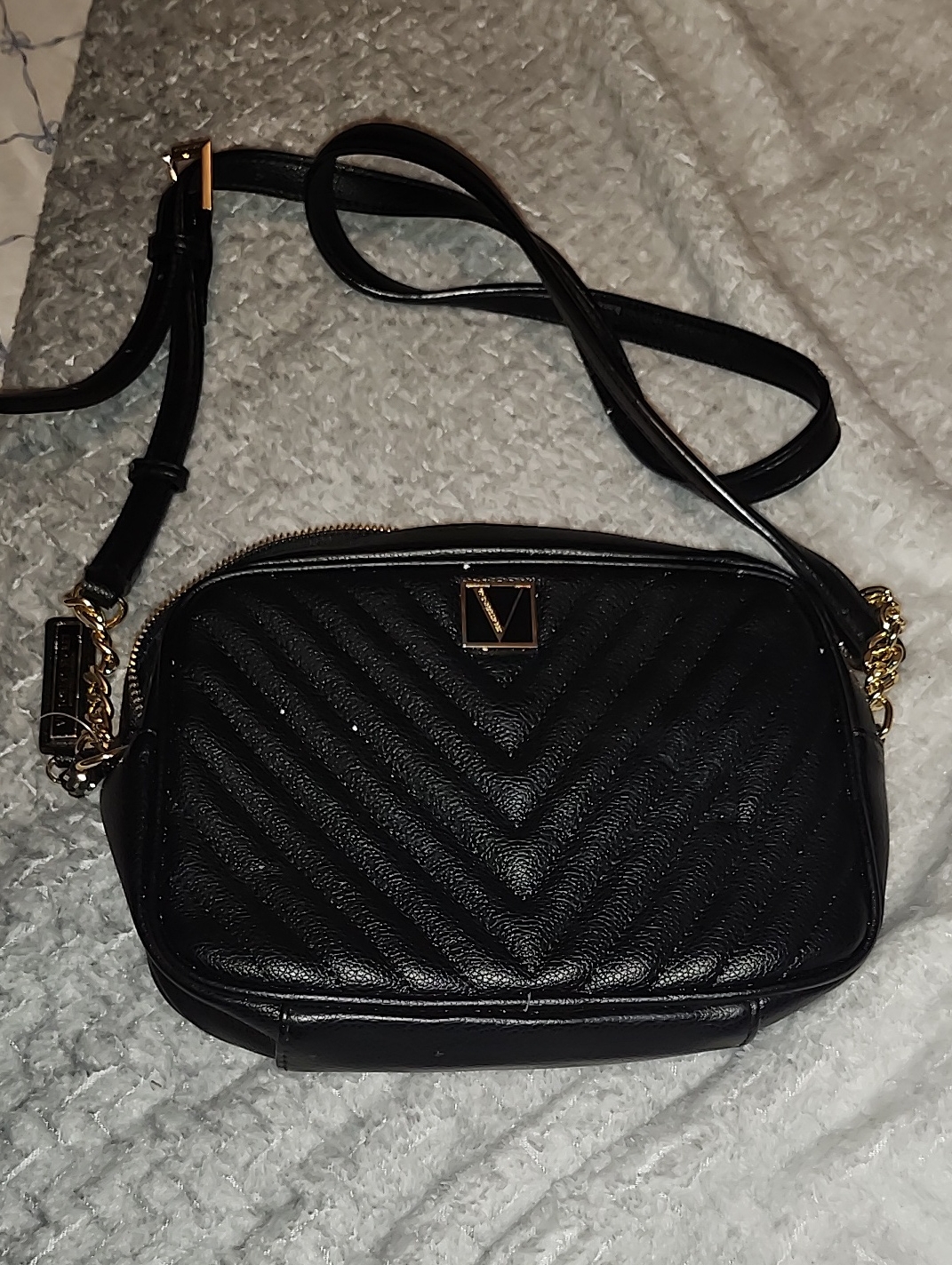 Victoria's Secret Black Quilted Chevron Crossbody With Gold Trim